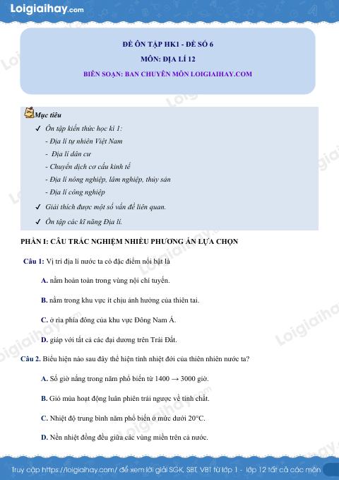 Đề kiểm tra học kì 1 Địa lí 12 - Đề số 6